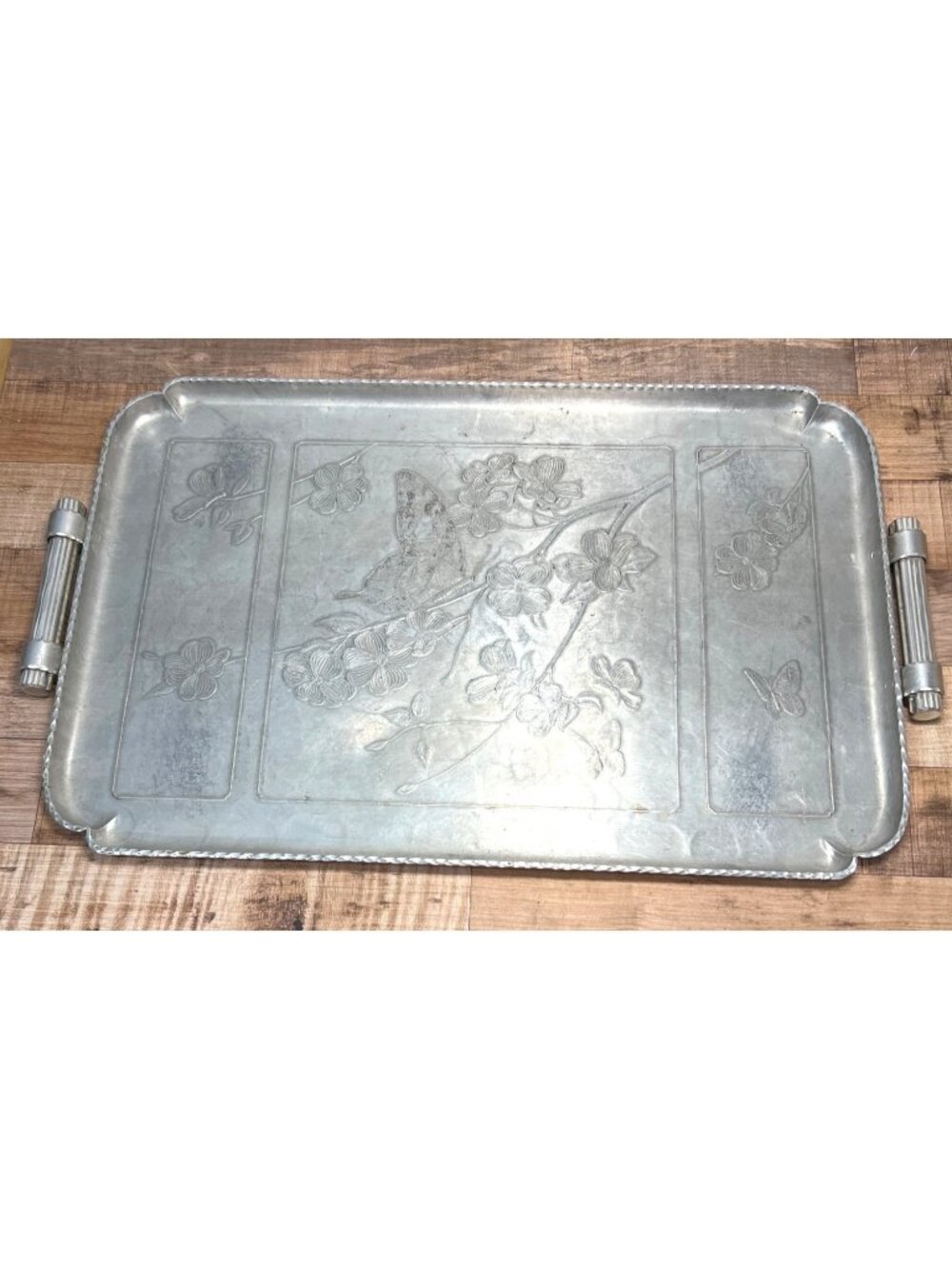 Arthur Armour Aluminum Serving Tray W/ Butterfly & Floral Etching  Vintage